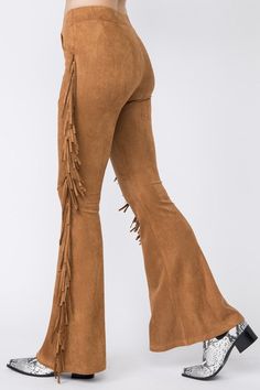 Soft stretchy faux suede flare pants with elastic waist and fringe detail Fringe Pants Outfit, Fringed Pants, Suede Flare Pants, Fringe Pants, Basic Shoes, Bold Dresses, Pants With Elastic Waist, Suede Pants, Flare Pant