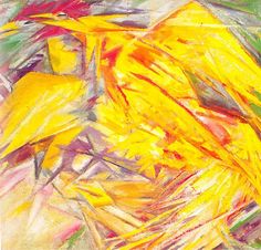 an abstract painting with yellow and red colors