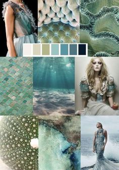 a collage of photos with different colors and textures, including the woman's dress