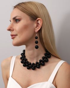 *ready to ship *women necklace & earri̇ng Black Bead Drop Earrings As Gift, Black Bead Drop Earrings Jewelry Gift, Black Beaded Round Earrings, Gift Black Beaded Dangle Jewelry, Black Dangle Necklaces For Party, Black Dangle Necklaces For Evening, Gift Black Dangle Beads Jewelry, Black Drop Earrings For Pierced Ears, Black Necklace With Matching Earrings As Gift