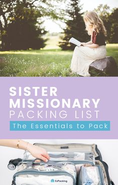 a woman sitting on top of a suitcase with the words, sister mission packing list