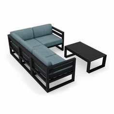 an outdoor furniture set is shown in black and blue colors, including a couch, coffee table