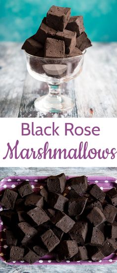 black rose marshmallows in a glass bowl on a wooden table with text overlay