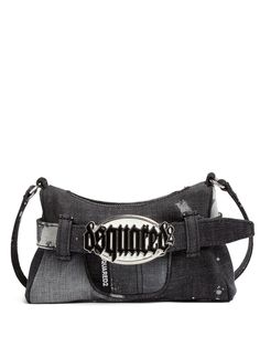 black/grey cotton blend denim patchwork design strap detailing logo tag logo-buckle detail top zip fastening adjustable shoulder strap main compartment internal logo patch full lining silver-tone hardware Casual Rectangular Shoulder Bag With Logo Hardware, Designer Rectangular Bag With Logo Patch, Designer Rectangular Bags With Logo Patch, Black Rectangular Bag With Logo Patch, Casual Rectangular Bag With Logo Hardware, Casual Rectangular Bags With Logo Hardware, Black Crossbody Bag With Logo Patch, Casual Rectangular Shoulder Bag With Logo Patch, Functional Rectangular Shoulder Bag With Logo Hardware