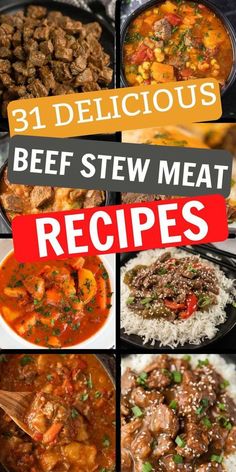 beef stew meat recipe collage with the title in red and white text below it