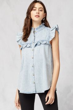 Ever After Denim Ruffle Detail Top – Melissa Jean Boutique Ruffle Denim Top, Acid Wash Denim, Swimwear Brands, Button Up Top, Tres Chic, Light Denim, Ruffle Top, Acid Wash, Denim Top