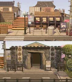 two different views of an outside area with benches, tables and other things in it