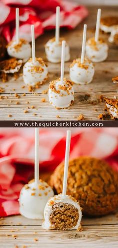 several desserts with white chocolate and sprinkles on them sitting on a wooden table