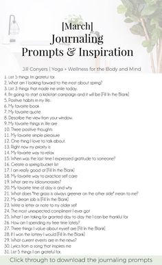 a white poster with the words march journaling prompts and inspirational inspiition