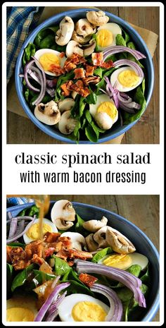 two pictures showing different types of salads with bacon, eggs and mushrooms in them