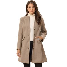 This coat is spun from soft fabric and fully lined, which is comfortable for all-day wear with big slant pockets. Pair beautifully with a range of outfits to finish your effortlessly stylish look, from top and bottom to dress. Slip into this coat on your way to work during cold mornings or add it as a comfortable layer to your everyday t-shirt and jeans. Solid Color Business Casual Outerwear For Fall, Stand Collar Outerwear For Business Casual In Fall, Fall Business Casual Outerwear With Stand Collar, Business Casual Fall Outerwear With Stand Collar, Business Casual Stand Collar Outerwear For Fall, Beige Outerwear With Hidden Button Closure For Winter, Beige Wool Coat For Business Casual In Fall, Beige Winter Outerwear With Hidden Button Closure, Beige Outerwear With Hidden Button Closure For Fall