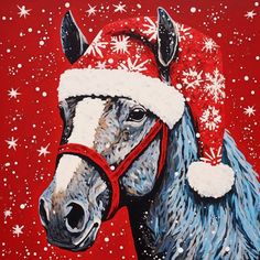 a painting of a horse wearing a santa hat on it's head with snowflakes