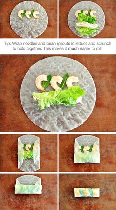 the process of making shrimp and lettuce wraps is shown in four different stages