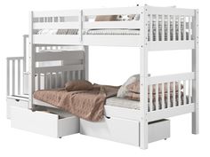 a white bunk bed with two drawers underneath it and a brown blanket on the bottom