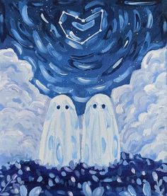 two white birds are standing in the grass under a night sky with stars and clouds