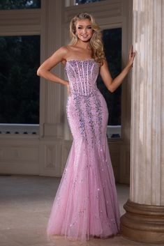 Portia & Scarlett PS25169 Detailed Prom Dress, V Neck Black Dress, Portia And Scarlett, Lilac Pink, Prom Dress Stores, Prom Dress Styles, White Long Sleeve Dress, Corset Bodice, Long White Dress