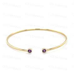 14K Yellow Gold 3mm Round Amethyst Open Cuff Bangle Bracelet, Real Gold Bangle, Women  Shop our 14K Bracelets https://www.etsy.com/shop/GOLDMANIA?ref=seller-platform-mcnav§ion_id=26925987  Shop On Sale items https://www.etsy.com/shop/GOLDMANIA?ref=seller-platform-mcnav§ion_id=1  Metal: 14K Yellow Gold   Width: 2 MM  Length: 7 IN  Closure:  Weight: 3.30 Gram   Gemstone Type: Amethyst Shape: Round Size: 3MM Also available with Garnet, Citrine, Blue Topaz And Peridot   SHIPPED FROM NEW YORK CITY FR Luxury Yellow Gold Amethyst Bracelets, Elegant Adjustable Purple Bangle, Luxury Gold Amethyst Bracelets, Luxury Amethyst Bangle Bracelet, Stackable Amethyst Gold Jewelry, Elegant Purple Gemstone Cuff Bracelet, Formal Purple Gemstone Bangle, Purple Gemstone Bangle For Formal Occasions, Amethyst Bangle Bracelets For Anniversary