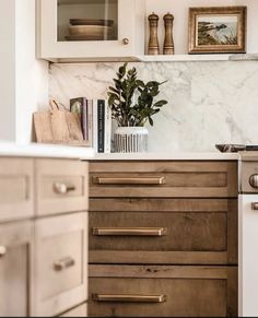 a kitchen with white cabinets and marble counter tops, including a potted plant on the stove