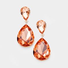 Rosegold Metal W Peach Colored Glass Crystal Stones, Double Teardrop Design Style, Dangle Earrings Shiny Evening Formal Statement Jewelry Size: 1.75" X 0.75" Post Backing Color: Peach , Rose Gold P 157493 1152 E Luxury Rose Gold Pear Shaped Earrings, Orange Teardrop Earrings For Party, Elegant Orange Teardrop Earrings, Rose Gold Teardrop Earrings For Party, Peach Dangle Earrings For Party, Evening Earrings, Clover Jewelry, Crystal Teardrop Earrings, Crown Earrings