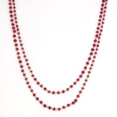 Natural Ruby Rosary Chain in 18k Solid Yellow Gold/Natural Red Color Beads/Bracelet Chain/ Anklet Chain/Red Ruby Necklace Chain/ Gold Chain Product Details > Gemstone - Natural Ruby Beads > Materials - 18k Solid Yellow Gold > Gemstone Shape - Beads >Gemstone Size: 2mm - 5mm Approx > Gemstone weight - 62.34 carats approx > Gross Weight - 18.220 grams approx > Chain Length : 44 inches Approx *Production Time: Generally we keep stock of all products but if by any chance product is sold it takes us Yellow Gold Ruby Bead Jewelry, Red Rondelle Gemstone Beaded Bracelets, Red Double Strand Beaded Chain Jewelry, Elegant Red Rondelle Beads, Red Single Strand Beaded Bracelet, Red Rondelle Jewelry With Faceted Beads, Red Rondelle Beads Jewelry With Faceted Detail, Red Rondelle Jewelry With Polished Beads, Ruby Single Strand Beaded Necklaces With Round Beads