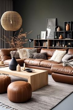 a living room filled with lots of brown furniture