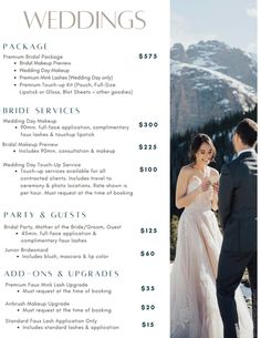 a menu for a wedding with the bride and groom standing next to each other in front of snow covered mountains