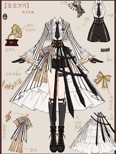 an anime character is dressed up in black and white clothing with gold accents on it