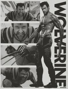 the wolverine movie poster is shown in black and white, with multiple images of wolverine