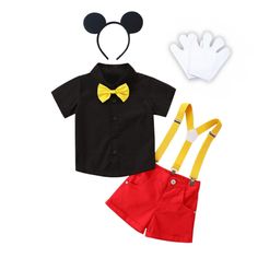 PRICES MAY VARY. Super adorable micky mouse costume 6 pieces set for baby, toddler and little boys! Includes Mouse Ears Hair Hoop + White Gloves + Black Shirt + Red Shorts + Bow tie + Suspender. A cosy dress up set for special occasion or casual suit set simply for ordinary days. A short sleeve black dress shirt with spread collar matching a cute yellow bowtie. Iconic red short pants with button closure, 2 side pockets, 1 back pocket and belt hoop. Featuring a detachable and adjustable yellow el Mickey Costume, Toddler Boy Costumes, Mickey Mouse Costume, Fancy Dresses Party, Halloween Party Outfits, Bowtie And Suspenders, Fancy Dress Up, Black Short Sleeve Dress, Casual Wear Dress