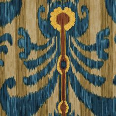 an image of a blue and brown pattern on fabric with yellow accents in the center