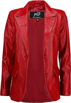 Classic Red Leather Jacket With Button Closure, Red Leather Long Sleeve Blazer, Red Leather Blazer With Long Sleeves, Fall Red Leather Blazer, Red Leather Blazer For Fall, Red Leather Jacket With Button Closure For Winter, Red Leather Jacket With Button Closure For Work, Red Leather Jacket With Button Closure For Fall, Fitted Red Leather Jacket With Button Closure