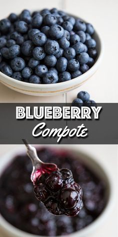 blueberry compote in a white bowl with a spoon full of fresh berries