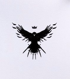 a black bird with wings and a crown on it's head is silhouetted against a white background