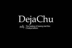 the words deja chu are in black and white on a dark background with an image of