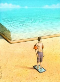 a man standing on top of a scale in the sand near an open book and ocean