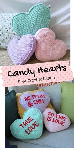 four crocheted hearts with the words candy hearts written on them