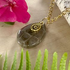 Petoskey Stone from Michigan, handcrafted into a cabochon with a drilled hole and a gold-plated stainless steel jump ring with a swirl charm. Includes an 18" gold-plated stainless steel chain. Stone measures approximately 0.85 x 1.1 inches. Petoskey Stone Jewelry, Petoskey Stone, By The Lake, Cabochons Stones, Charm Pendant Necklace, Stone Pendant Necklace, Stone Pendant, Steel Chain, Jump Rings