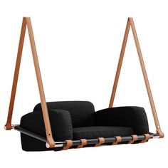 a black and brown swing chair with two seats on each side, hanging from a wooden frame