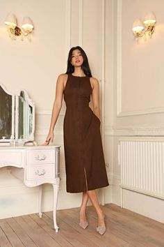 LOTTIE MIDI DRESS Bridal Bridesmaid Dresses, Warm Brown, Formal Evening Dresses, Cinched Waist, Linen Dress, Guest Dresses, Cocktail Dress Party, Wedding Guest Dress, Dresses For Sale