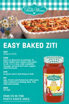 the recipe for easy baked zitti is shown in an advertisement, with instructions on how to make it