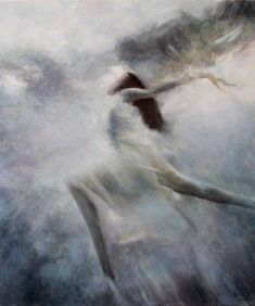 a painting of a woman with long hair and white dress in the air above clouds