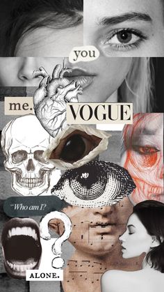 a collage of different images with words and pictures on them, including an image of a woman's face