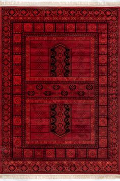 a red rug with black and white designs on the bottom, in front of a white background