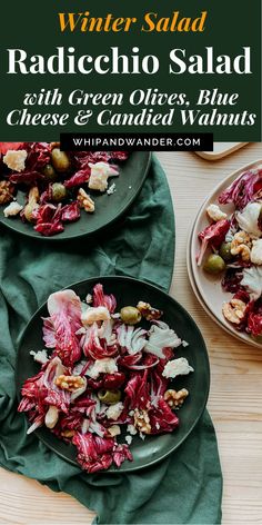 red cabbage salad with green olives, blue cheese and candied walnuts on two plates