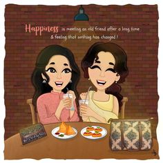 two women sitting at a table with plates of food in front of them and the caption, happiness is meeting an old friend after a long time & feeling that nothing has changed