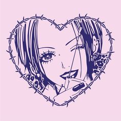 a drawing of a girl with barbed wire around her head and eyes, in the shape of a heart