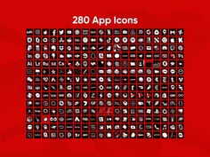 a red background with black and white icons in the shape of letters, numbers and symbols