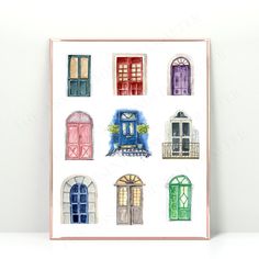 an art print with different colored doors and windows