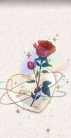 two roses are in a vase with stars on the side and watercolor paint splatters all around it