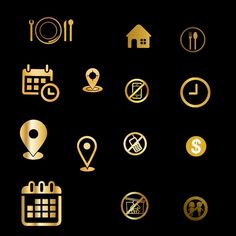 a set of gold colored icons on black background, such as location markers and map pointers